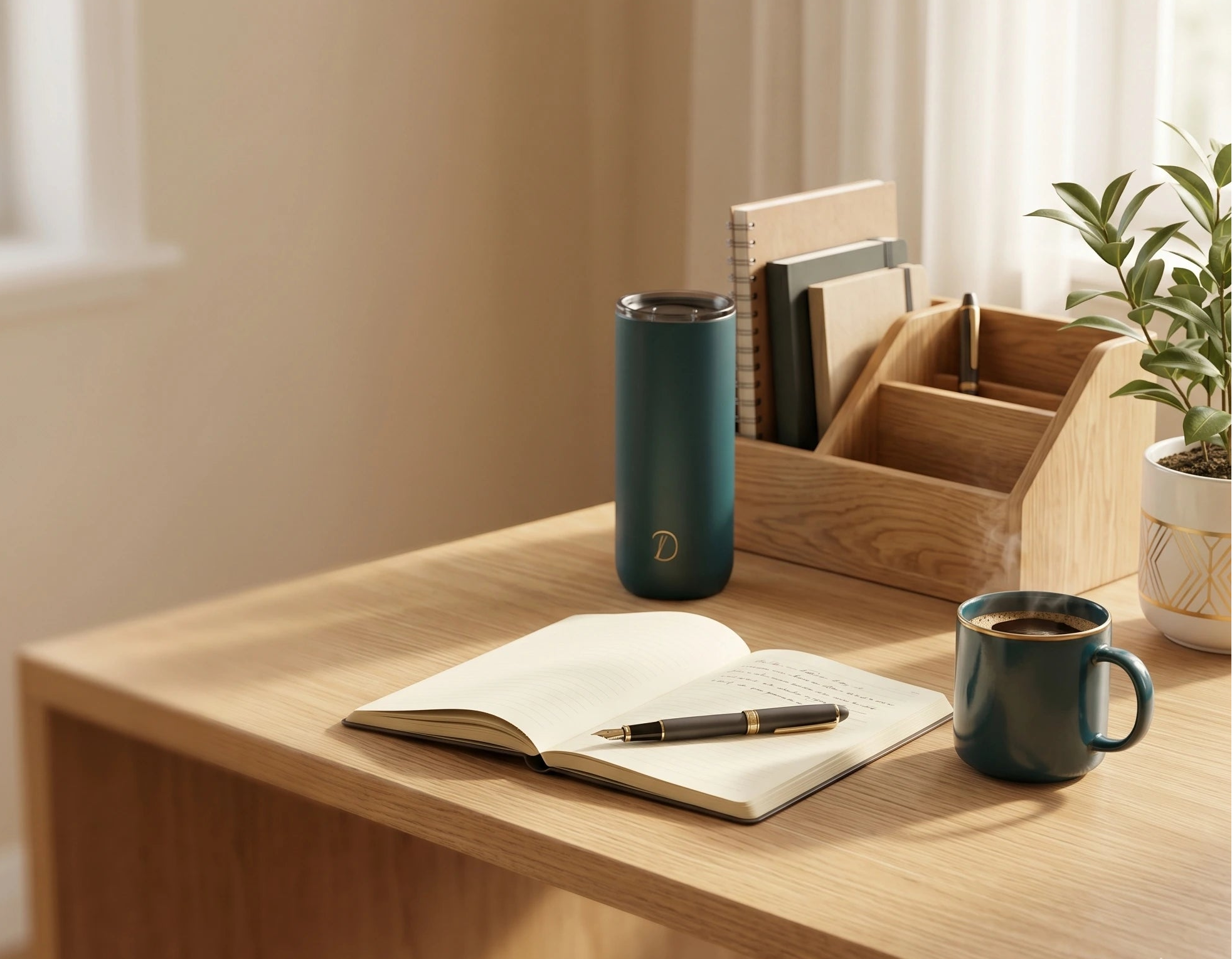 Wooden desk with open book, pen, and two mugs in a bright room.